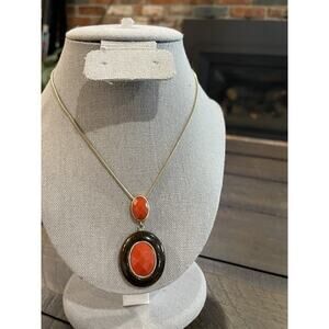 Pendant Necklace Oval Red Orange Gold Chain Unique Retro